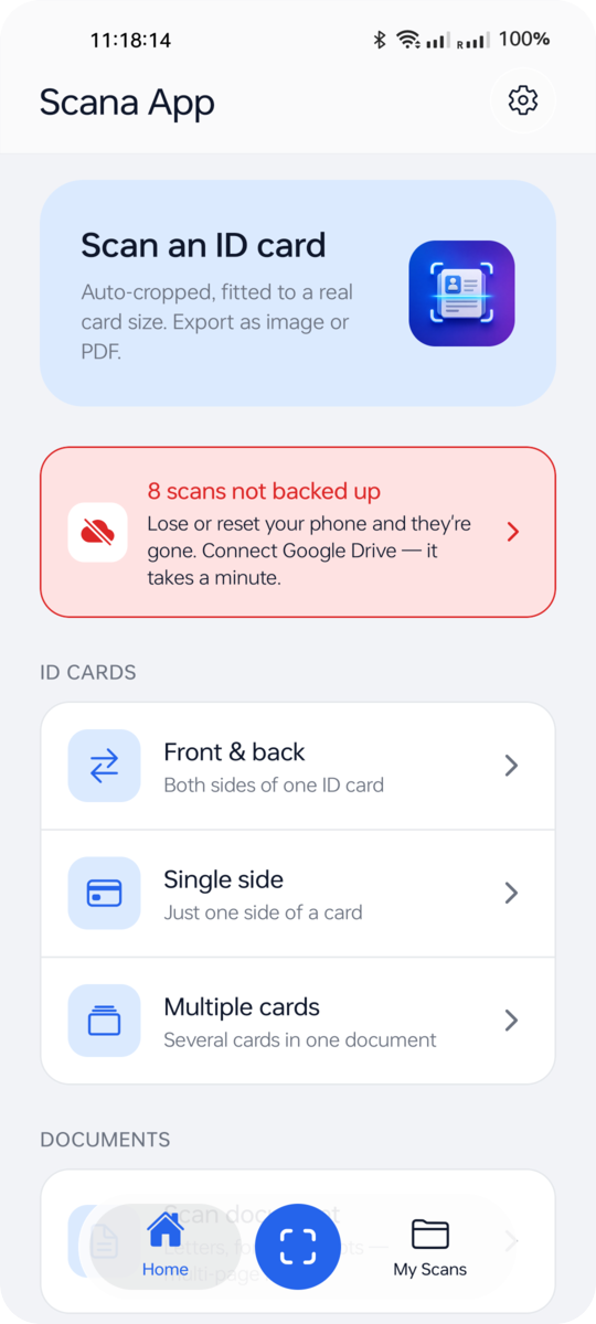 Home screen with scan modes: front and back, single side, multiple cards, document