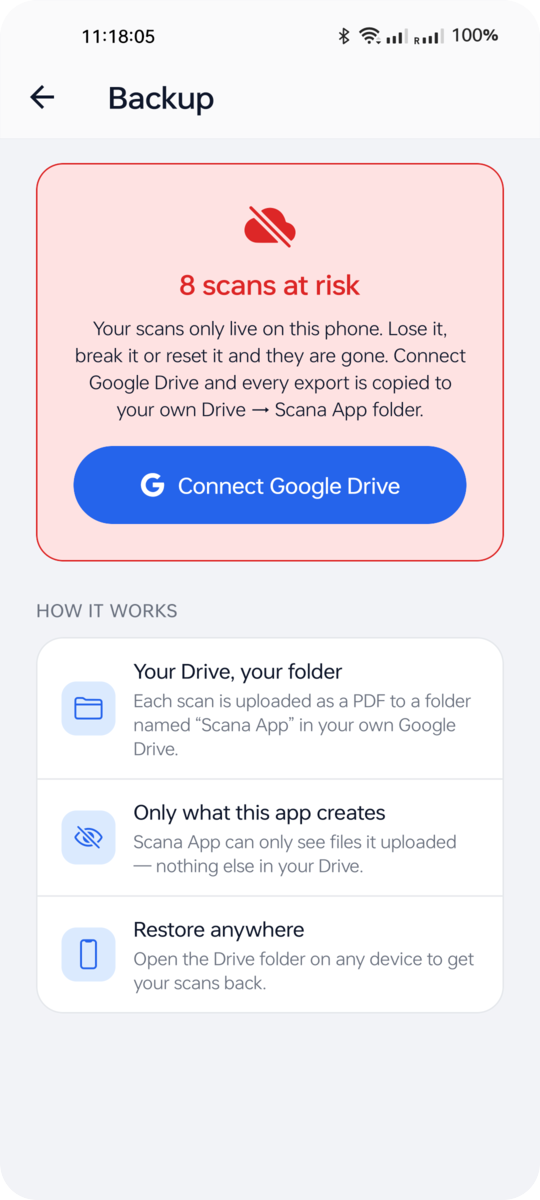 Backup screen offering to connect Google Drive