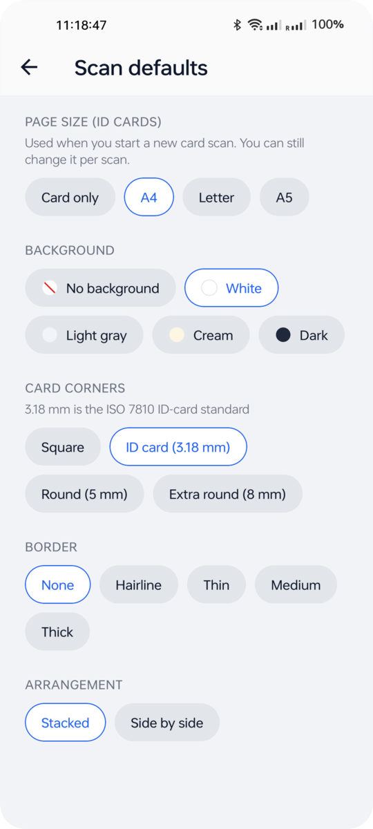 Scan defaults: page size, background, card corners, border, arrangement