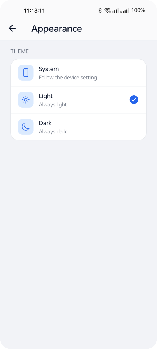 Appearance settings with system, light and dark options
